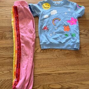 Lola + The Boys  Pink Sequin Stripe Joggers with Blue Rainbow Cloud Tee size 8